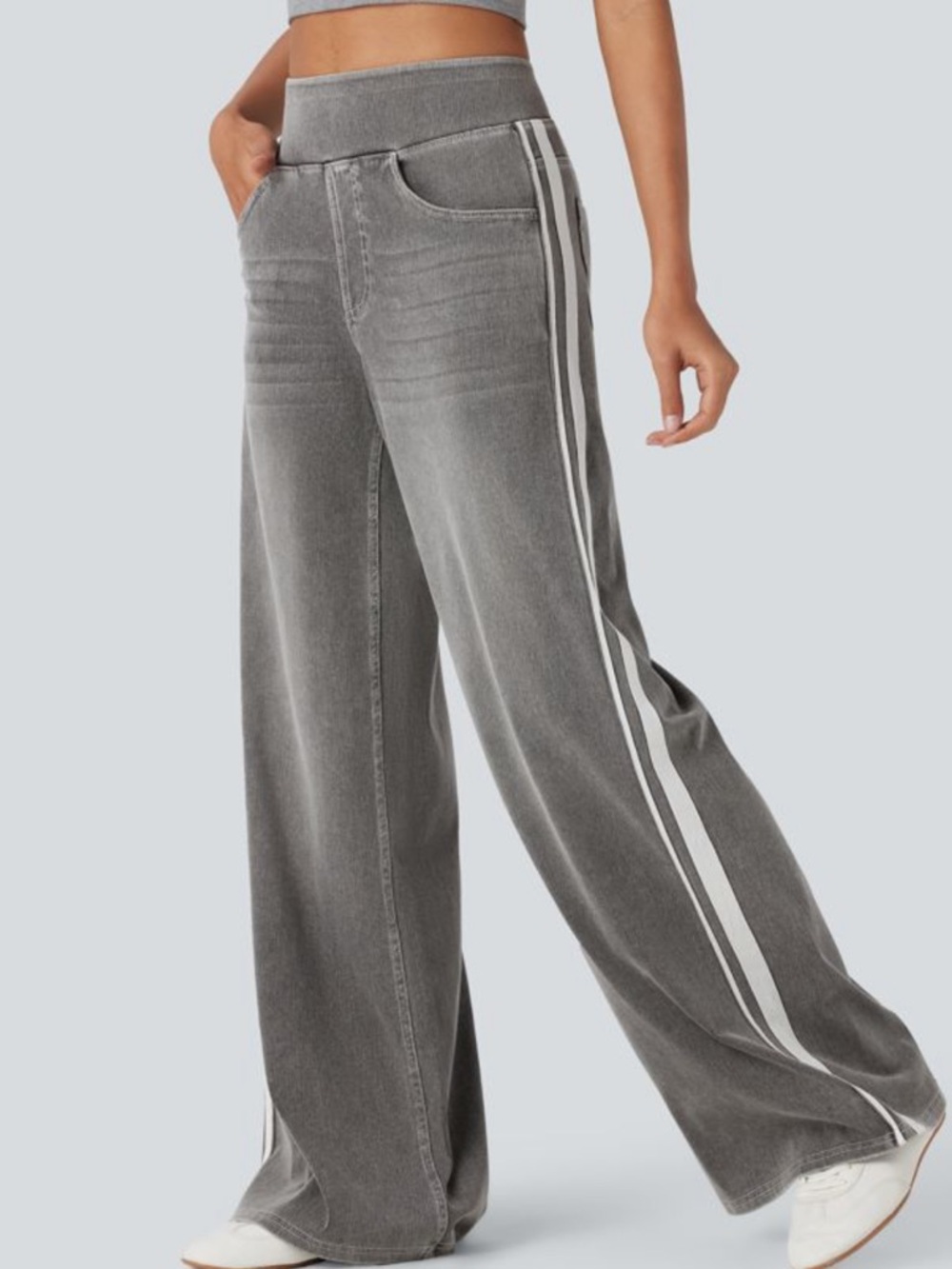 Halara Wide Leg Grey Track Stripe Pants